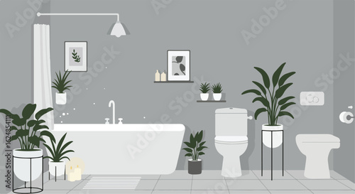 Minimalist bathroom interior with bathtub, plants, and subtle grey background
