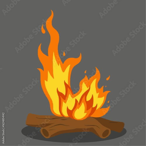 Campfire flames burning brightly above logs on gray background  