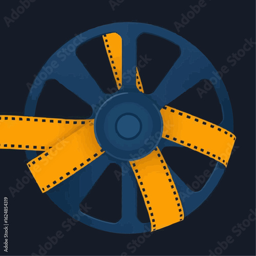 Film reel with yellow tape on dark background  