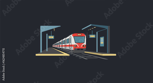 Commuter train arriving at the platform, in a minimalistic stylized background