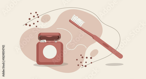 Toothbrush and dental floss flat lay on a designed surface for dental hygiene concept