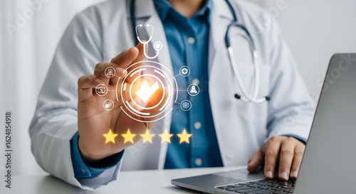 Healthcare Professional Holding Golden Star Rating | Medical Service Excellence