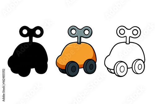 Wind-Up Toy with Key on Back – Vector Set with Silhouette, Colorful, and Outline Versions – Mechanical Toy Illustration on White Background
