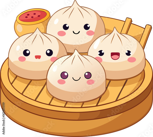 Cute dumplings with different emoticons on a bamboo board. Kawaii dim sum. Asian Traditional Cuisine. Vector illustration in cartoon flat style. stock illustration