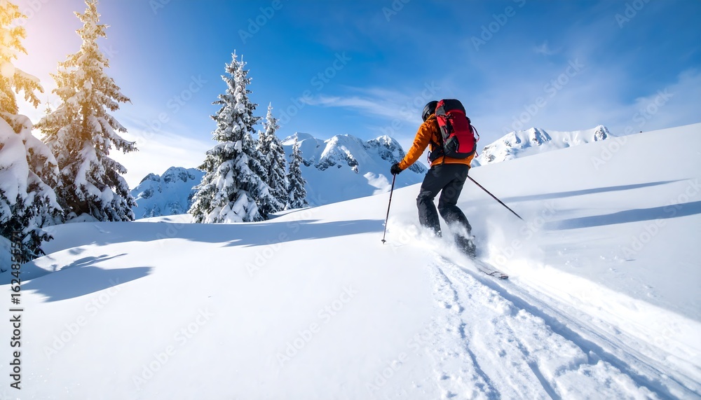 Skier carving down a snowy mountain slope surrounded by pine trees on a bright sunny day Skier carving down a snowy mountain slope surrounded by pine trees on a bright sunny day