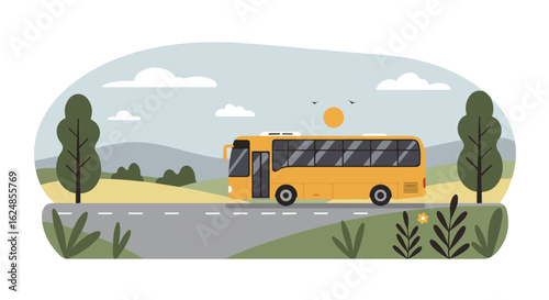 Yellow bus traveling on a road, with a landscape in the background for transportation use