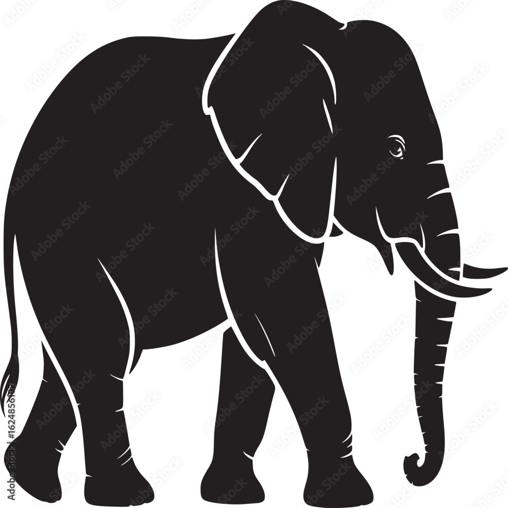 Fototapeta premium Silhouette of an elephant walking with its trunk down and tusks visible on a white background