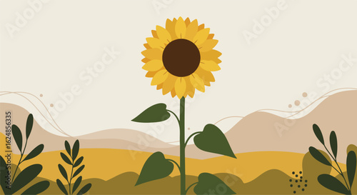 Sunflower illustration, blooming; graphic design element. Background layered hills