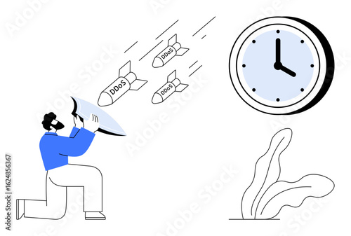 Individual using a shield to block DDoS attacks symbolized by missiles, with a clock depicting urgency. Ideal for cybersecurity, digital protection, data defense, online safety, time management, tech