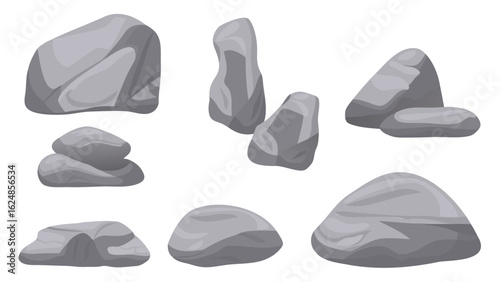 various gray rocks and stones arranged in a group on a white background scene