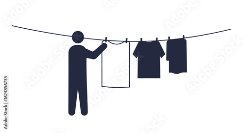 Person puts clothes on clothesline with clothespins. Laundry hangs. Flat icon