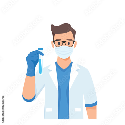Vector Illustration of a Male Scientist Wearing a Mask and Gloves - AI Generated