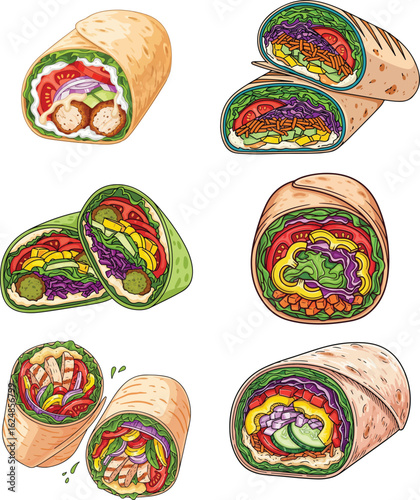Colorful Vector Set of Fresh Wrap Sandwiches with Vegetables, Chicken, and Falafel – Healthy Fast Food Illustration