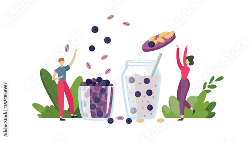 Illustration of people with blueberry smoothie and fruit bowl on a white background scene design