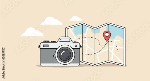 Camera & map with pin show travel planning against cloudy sky background