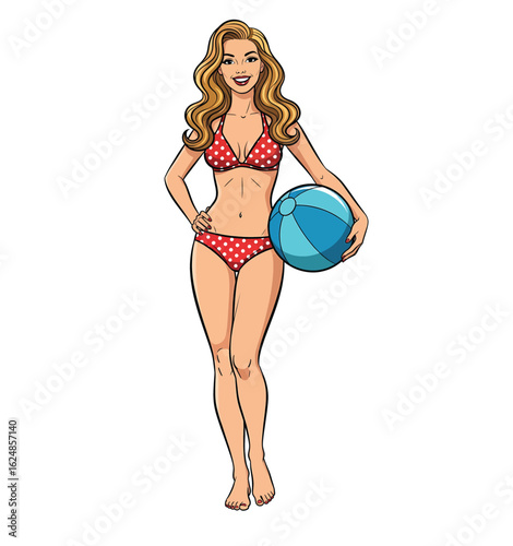 Playful Woman Holding Beach Ball in Red Polka Dot Bikini, Summer Vector Illustration
