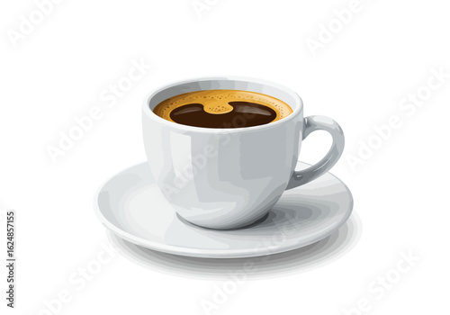 A cup of coffee sits on a matching saucer casting a subtle shadow on the white surface