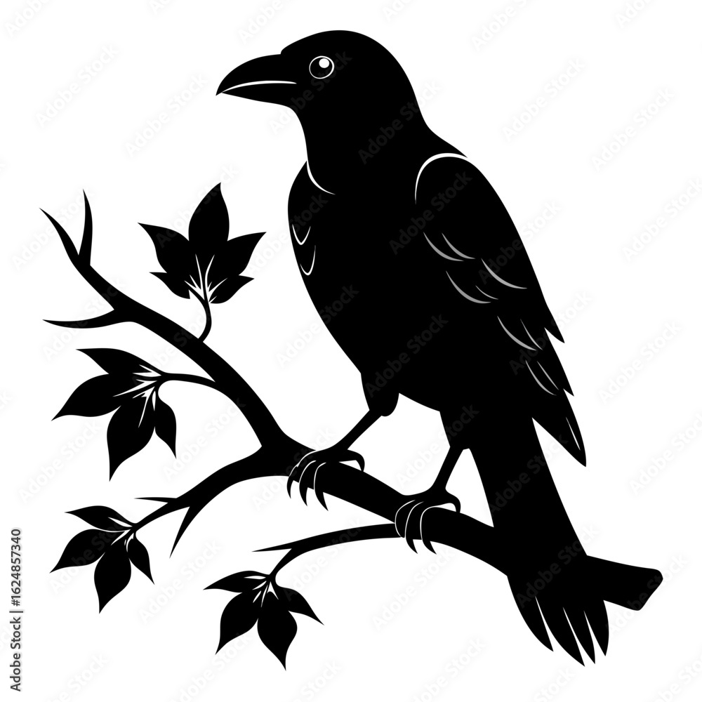 Obraz premium Black Silhouette Crow on Tree Limb