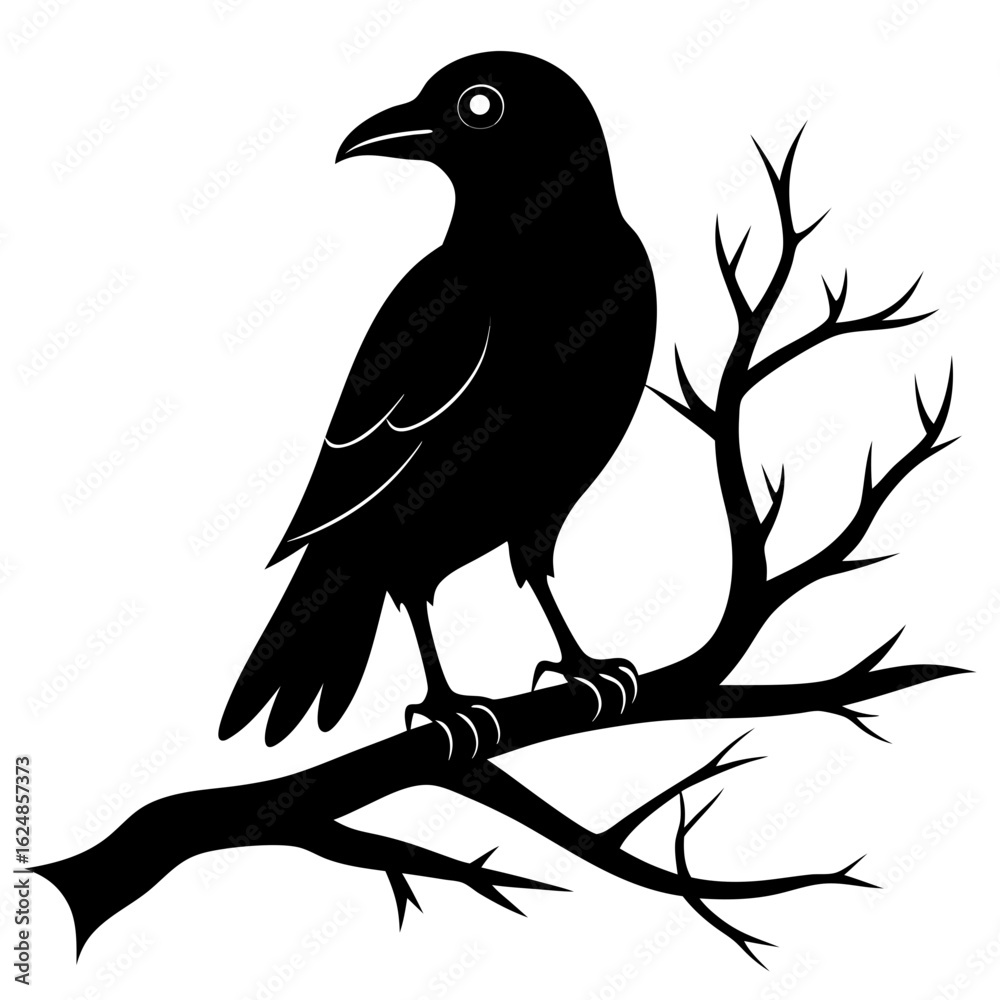 Naklejka premium Black Silhouette Crow on Tree Limb