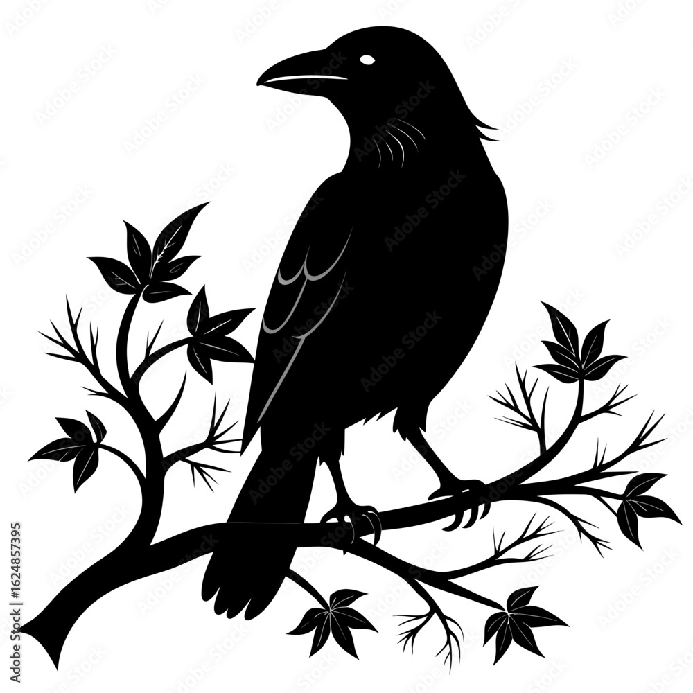 Fototapeta premium Black Silhouette Crow on Tree Limb