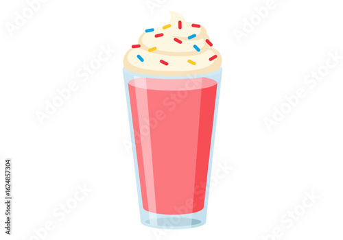 Cartoon illustration of a pink shake in a tall glass with cream and colorful sprinkles on top