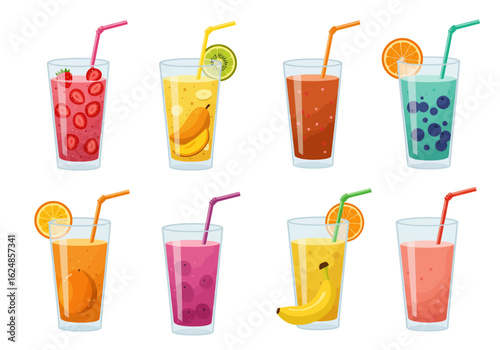Eight glasses of fruit smoothies in different colors each with a straw