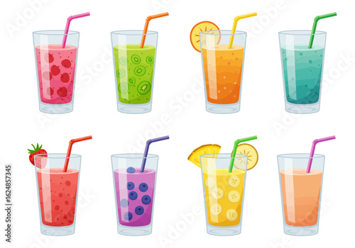 Eight glasses of colorful fruit smoothies with straws