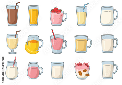 Fifteen drinks in glassesmugs are displayed various colors