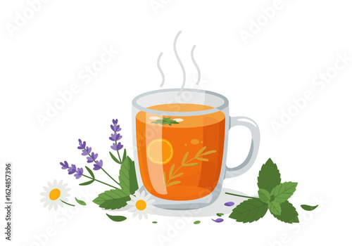 Herbal tea steams in a glass mug adorned with chamomile lavender and mint sprigs