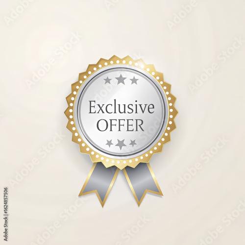 Silver badge displaying exclusive offer with golden border and ribbon stands on a light background