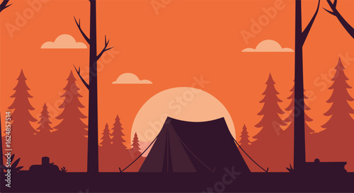 Camping tent with forest, trees, and sunset; can be used to advertise nature escapes