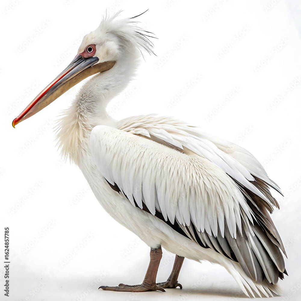 Fototapeta premium Elegant White Pelican Standing Tall Against a Plain Backdrop Showcasing Exquisite Feather Detail and Striking Beak Coloration