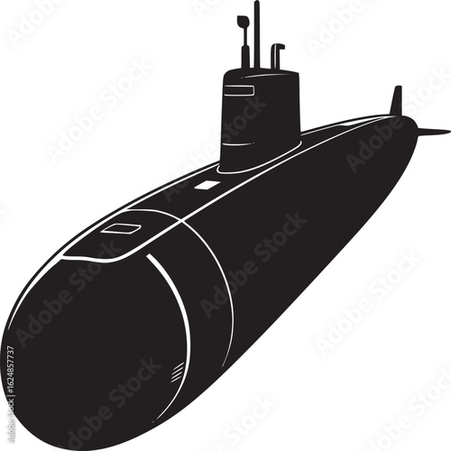 A stark black and white illustration of a submarine on a plain white background in simple style