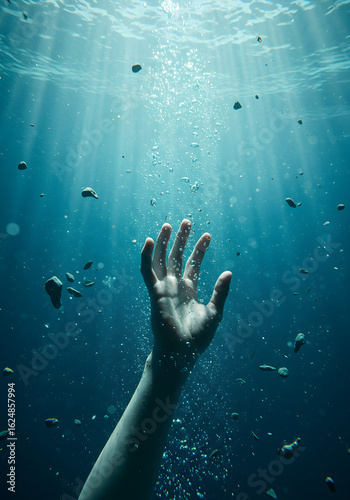 A human hand reaches desperately towards the surface from deep blue water, illuminated by rays of light. This powerful image conveys themes of struggle, hope, and despair for survival.
