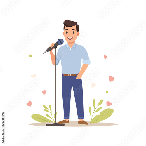 Portrait of a Confident Male Vocalist Holding a Microphone - AI Generated