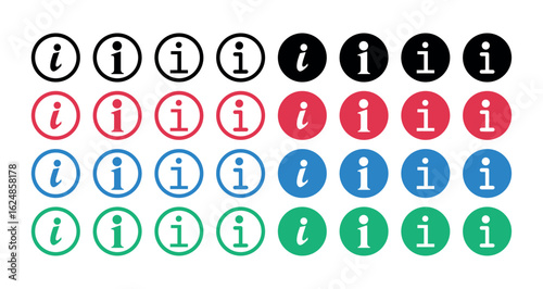 Info Icon Collection. Colorful Info Icons Set. Flat and Bold Information Symbols in Round Buttons for Web, App UI, Help Section, Notification and Support Design