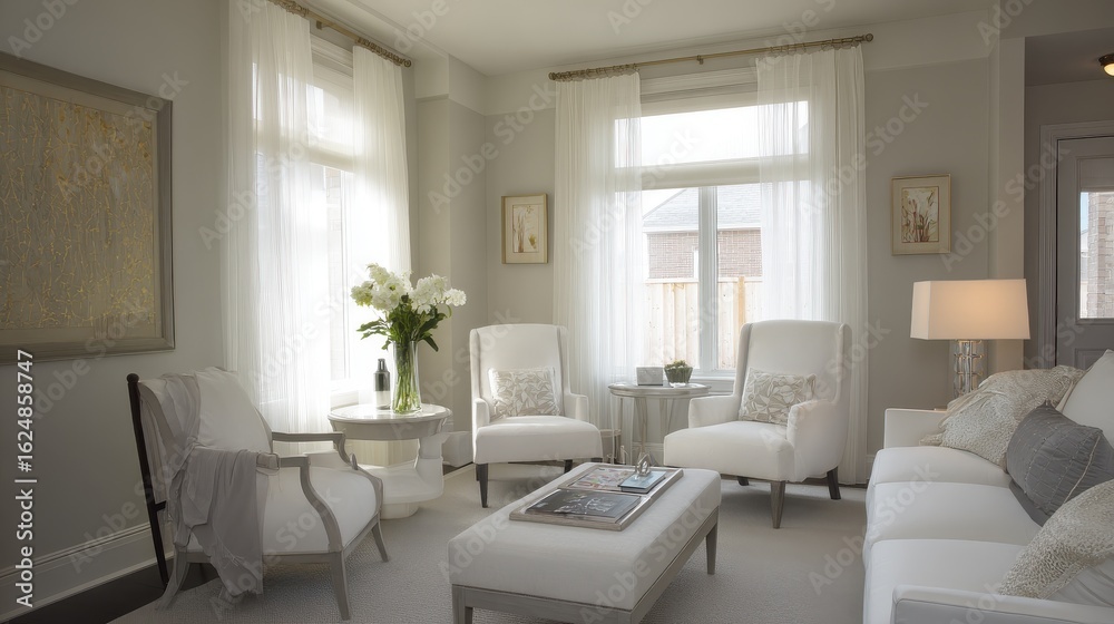 Fototapeta premium Sleek modern interior with neutral furnishings under ambient glow, perfect for decor catalogs or architectural visualization. Emphasizes serene and sophisticated urban living concepts.