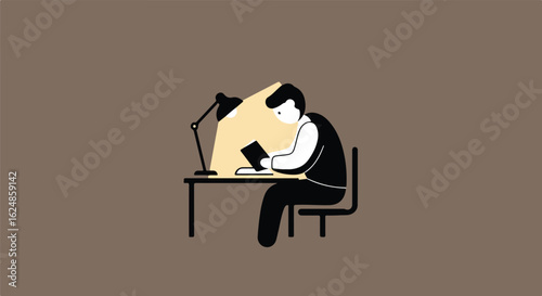 Man reads a book at a desk illuminated by a lamp, at night. Studying concept