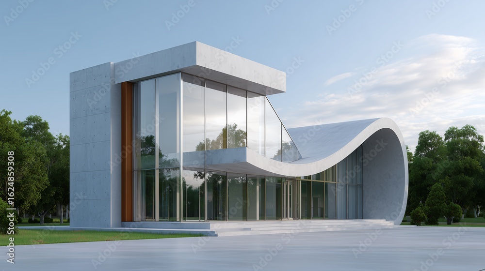 Fototapeta premium A modern house with a unique curved facade made of polished concrete and glass