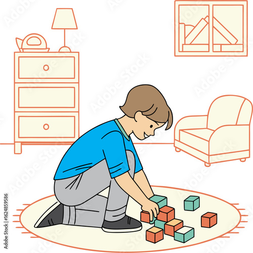 A kid assembling colorful bricks on living room floor