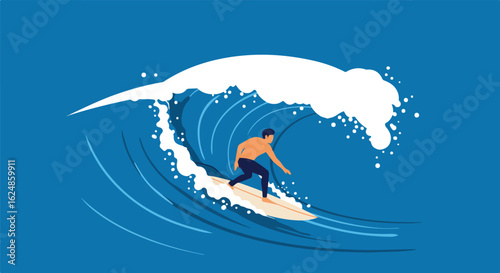 Surfer rides ocean wave; illustration for extreme sports, water adventure