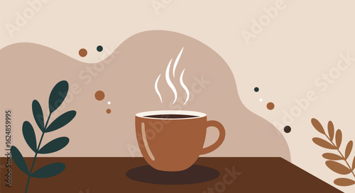 Steaming coffee sits on table. Plants/shapes backdrop. Design for blog header