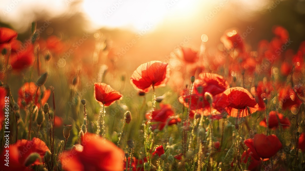 Fototapeta premium Golden-hour poppy landscape with rich hues. Perfect for painting tutorials, wine label art, or heritage site promotions celebrating natural beauty.