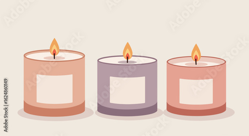 Three lit aroma candles sit on neutral surface. Can be used for aromatherapy