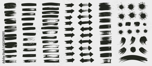 Collection of Black Paint Brush Strokes and Arrows on White Background paint splatters directional arrows