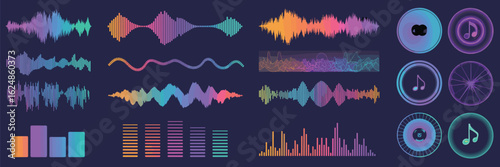 Colorful audio wave forms and music note icons on dark background sound waveform