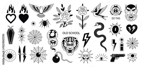 Collection of Old School Tattoo Designs Black and White Icons traditional