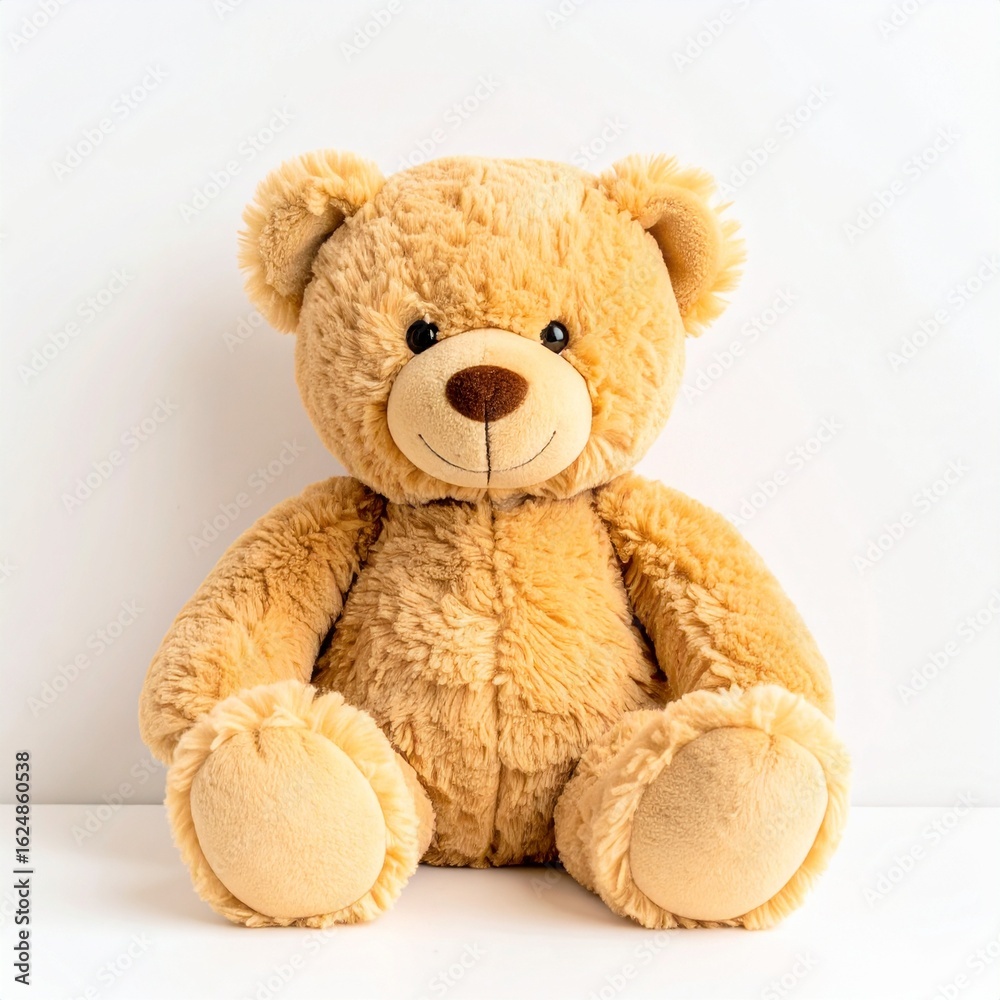 Obraz premium Beige teddy bear sits on a plain white surface