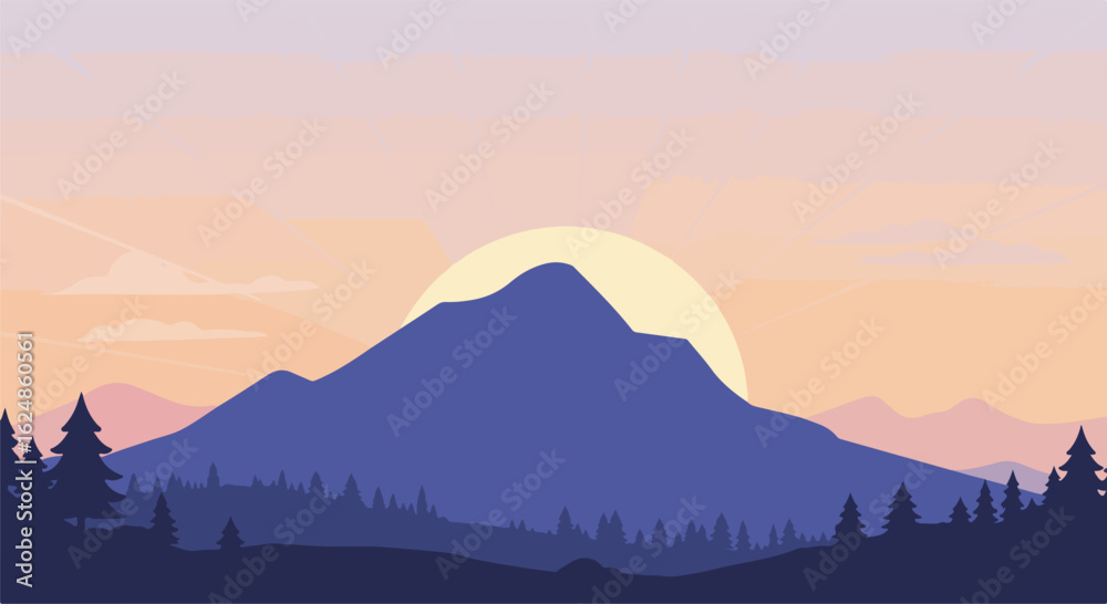 Naklejka premium Mountain peak silhouette under sunset sky with conifer trees. Use for web design