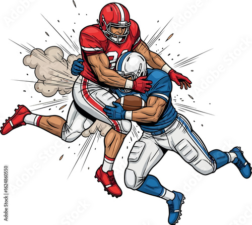 Explosive gridiron collision illustrated in a vibrant comic book style, with two football players locked in a dramatic tackle